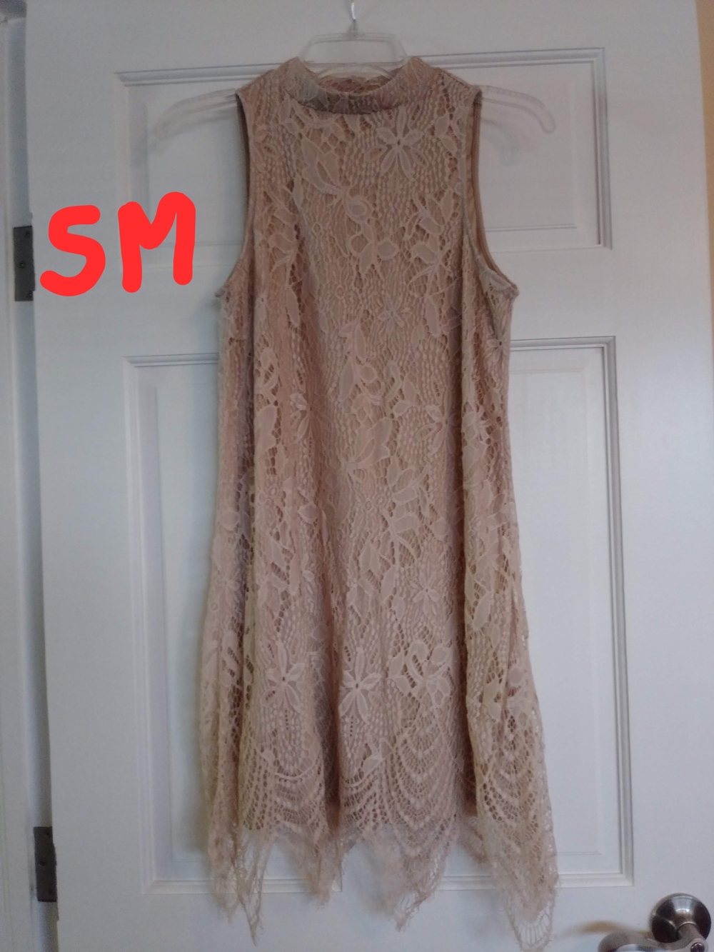 love, Fire Lace High-Neck Sleeveless Dress in Blush Beige